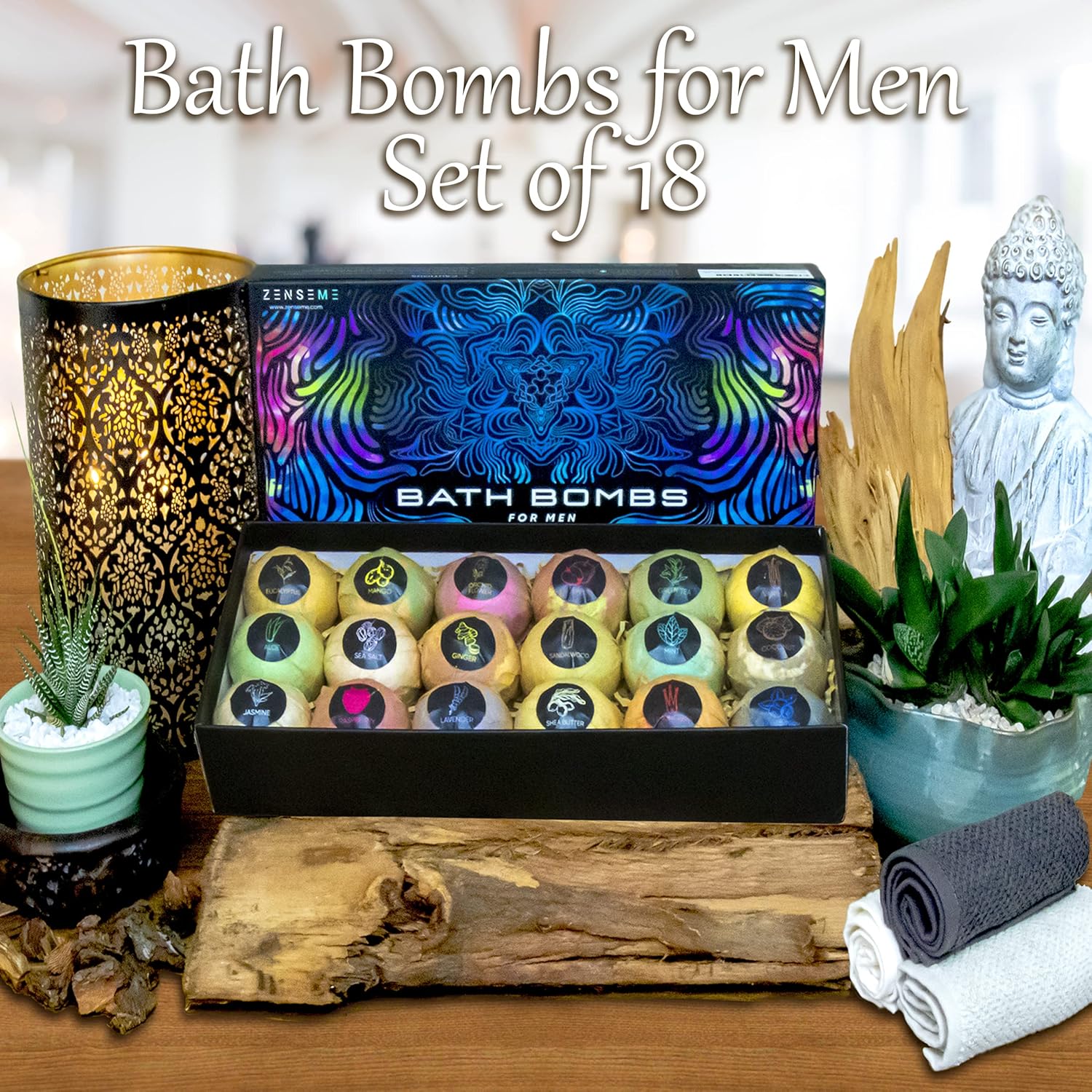 Box of bath bombs for men with decorative items on a wooden surface